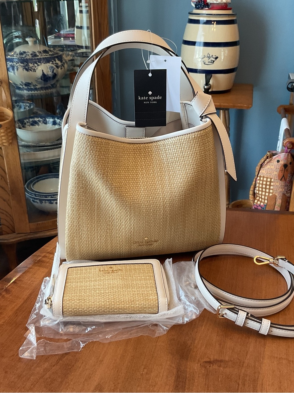 Kate Spade Straw Knott Satchel with matching wallet NWT